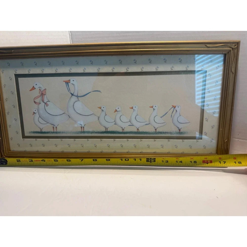 Vintage Homco Gold Framed Gaggle of Geese Family Blue & Pink bowls 18x8